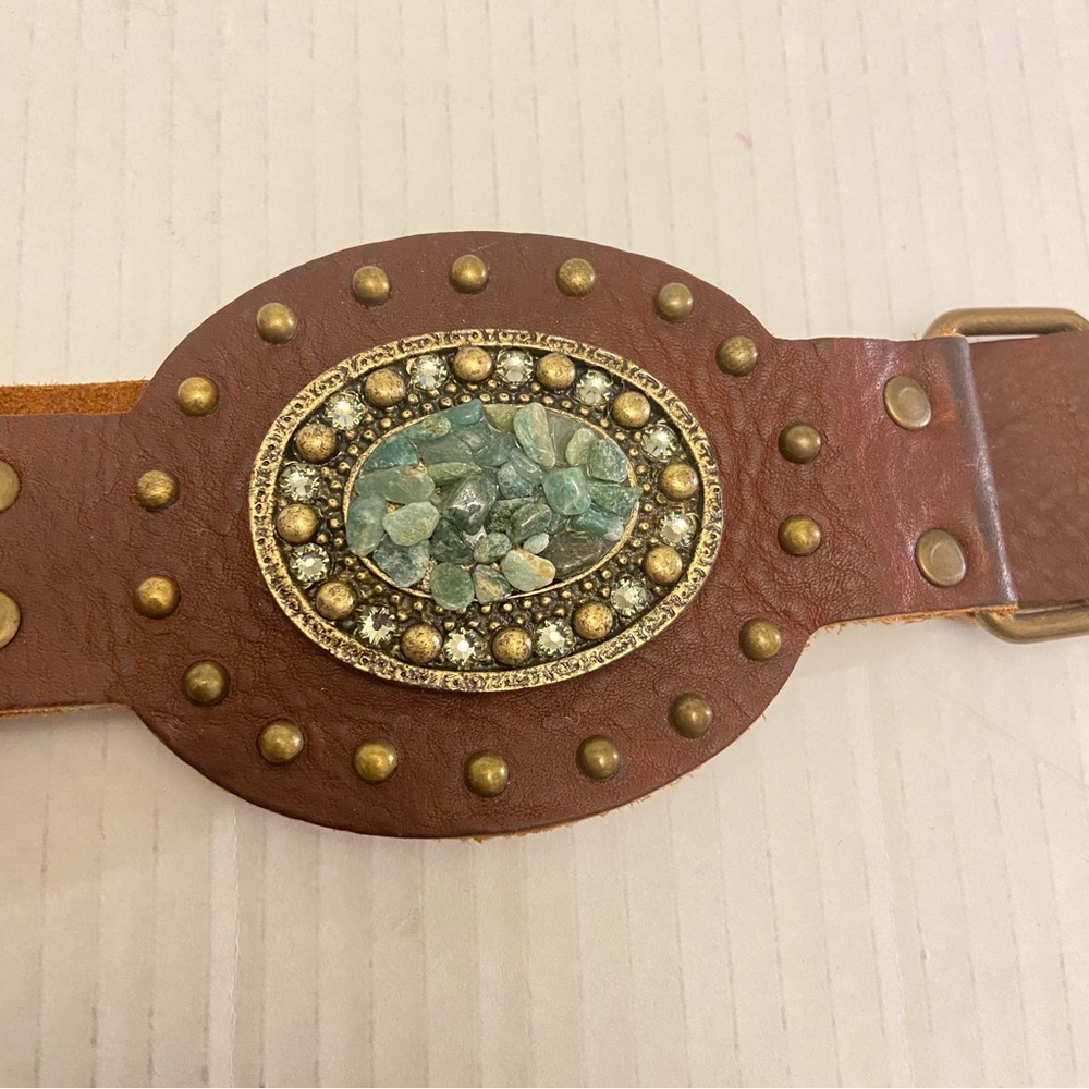 Leather Rock Jeweled Boho Brown Leather Belt with Green Stone and Studs Accents. - Picture 3 of 11